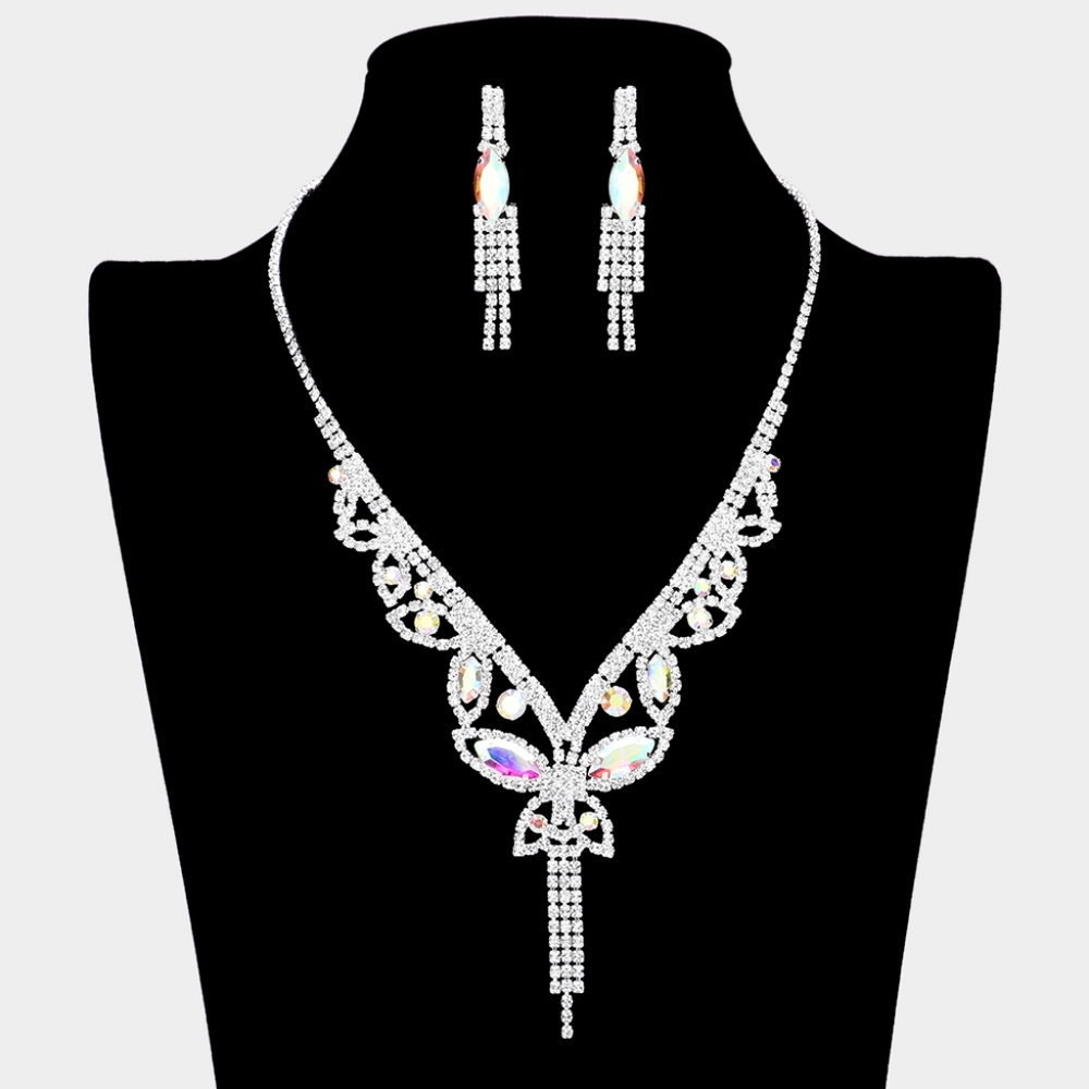 Abalone Silver Butterfly Glamour Crystal Necklace Set Marquise Statement Jewelry